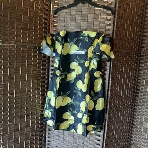 Rosette Lemon Print Off Shoulder Vacation Tropical Mini Dress
